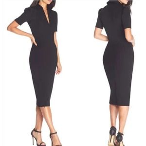 Dress the Population Gloria Zipper Bodycon Collared Midi Dress Black Large